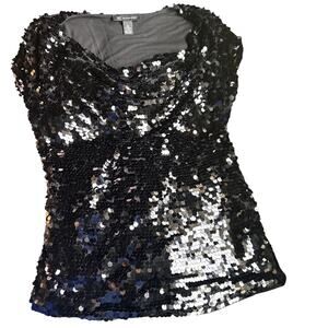 INC International Concepts Shirt Top Womens XL Black Short Sleeve Sequin Stretch